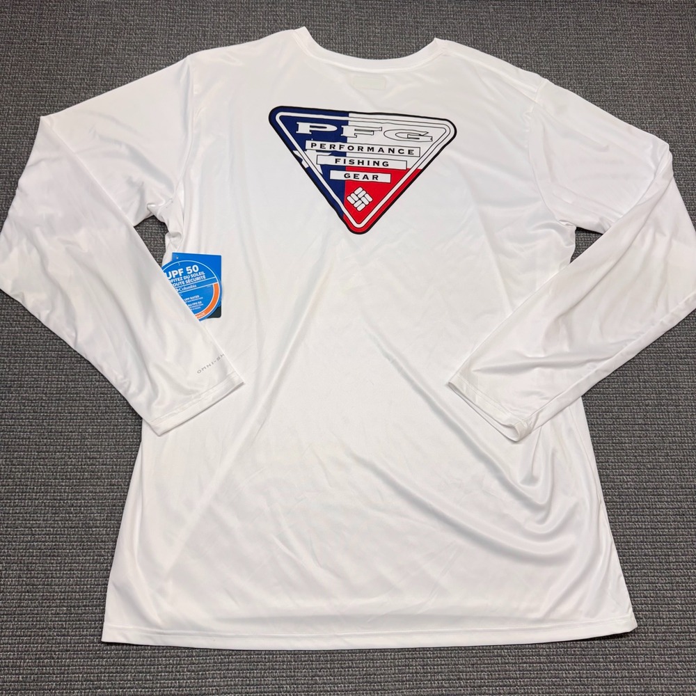 Columbia PFG Mens XL White Long Sleeve UPF 50 Performance Fishing Shirt Logo